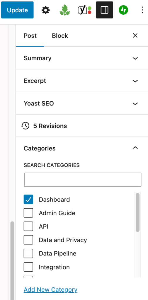 WordPress Post editor settings with Categories expanded. Selecting a category prevents Uncategorized section values.